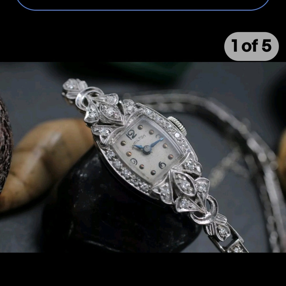 Vintage Art Deco 14kt white gold and diamond Hamilton womens watch